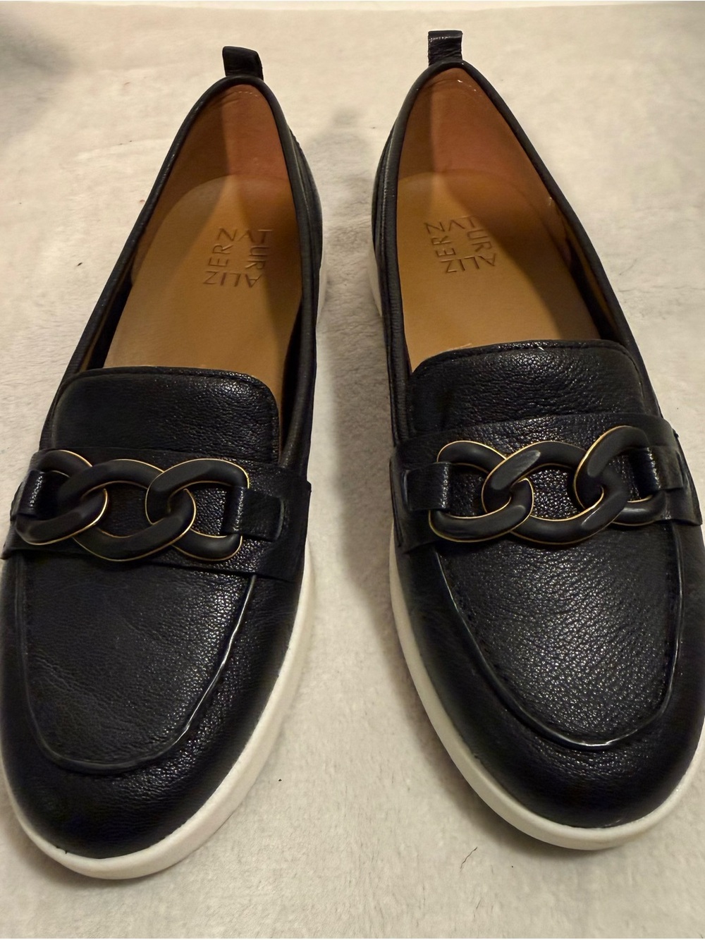 Naturalizer Black Leather Loafers with Chain Accent